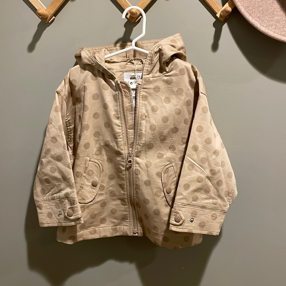 Zara Polka Dot Tan Hooded Parka Jacket